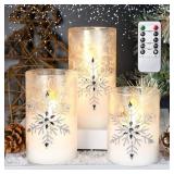 Immeiscent Christmas Flameless Candles, Jeweled Snowflake Iced Glass Candle, LED Flickering Pillar Candle with Timer&Remote for Xmas,Home Decor,Holiday,Set of 3 (D 3â X H 4â 5â 6â)