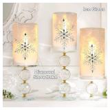 Immeiscent Christmas Flameless Candles, Jeweled Snowflake Iced Glass Candle, LED Flickering Pillar Candle with Timer&Remote for Xmas,Home Decor,Holiday,Set of 3 (D 3â X H 4â 5â 6â)