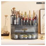 SpaceLuxe Makeup Organizer with Drawers and 360Â° Rotating Brush Holder, Large Capacity Cosmetic Storage for Vanity, Skincare, Perfume, Hair Accessories, Lipstick & Jewelry (Transparent Gray, 3-laye