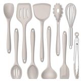 E-far 10 Pieces Silicone Cooking Utensils Set, Heat Resistant Kitchen Utensil Set for Nonstick Cookware, Kitchen Cooking Tools with Spatula, Spoon, Slotted Turner, Non-Toxic & Dishwasher Safe (Khaki)