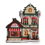 VCUTEKA Christmas Village Shop with LED Light - Collectible Buildings, Figurines, Light up Ceramic House for Holiday Xmas Decor