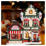 VCUTEKA Christmas Village Shop with LED Light - Collectible Buildings, Figurines, Light up Ceramic House for Holiday Xmas Decor