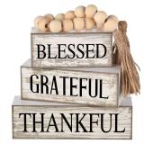 Yuntau 4 Pcs Farmhouse Wooden Tabletop Decor Farmhouse Tiered Tray Decor Rustic Retro Wood Bead Garland Blessed Grateful Thankful Block Sign Neutral Centerpiece Sign for Home Office Shelf Mantle