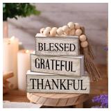 Yuntau 4 Pcs Farmhouse Wooden Tabletop Decor Farmhouse Tiered Tray Decor Rustic Retro Wood Bead Garland Blessed Grateful Thankful Block Sign Neutral Centerpiece Sign for Home Office Shelf Mantle