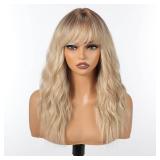 KOME Curly Bob Wig with Bangs Short Wavy Ombre Blonde Wigs for Women Bob Style Synthetic Heat Resistant Bob Wigs 14IN