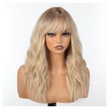 KOME Curly Bob Wig with Bangs Short Wavy Ombre Blonde Wigs for Women Bob Style Synthetic Heat Resistant Bob Wigs 14IN