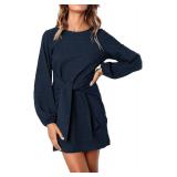 PRETTYGARDEN Womens Spring Elegant Long Lantern Sleeve Short Dress Wedding Guest Crewneck Tie Waist Knit Cocktail Dresses(Navy,X-Large)