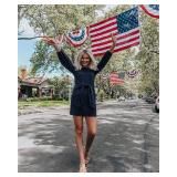 PRETTYGARDEN Womens Spring Elegant Long Lantern Sleeve Short Dress Wedding Guest Crewneck Tie Waist Knit Cocktail Dresses(Navy,X-Large)