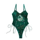 Lilosy Women Sexy Lace Up Floral Embroidered Teddy Babydoll Lingerie Bodysuit Top Mesh Sheer One Piece See Through Butterfly Army Green Medium