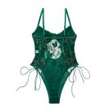 Lilosy Women Sexy Lace Up Floral Embroidered Teddy Babydoll Lingerie Bodysuit Top Mesh Sheer One Piece See Through Butterfly Army Green Medium