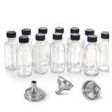 12 Pack, 2 oz Small Clear Glass Bottles w/Lid & 3 Funnels - 60ml Boston Shot Bottles for Health, Immunity, Potion, Wellness, Sample, Ginger, Juice - Mini Personal Care & Beauty Travel Bottle