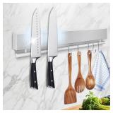 12 Inch Magnetic Knife Holder for Wall - Stainless Steel Magnet Knife Strip No Drill with 5 Hooks/Adhesive Tape/Screws, Kitchen Utensil Holder, Magnetic Knife Organizer, Wall Mounted Knife Storage