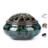 LamDawn Censer Sky Blue Incense Burner with Calabash Incense Stick Holder - Porcelain Charcoal Censer for Use with Resin Granular Powder Cone or Coil Incense (Blue Fambe)