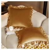 KKJIAF Gold Velvet Throw Pillow Covers 20 x 20 Inch Set of 2, Ruffle Euro Pillow Shams Velvet Square Pillow Case for Sofa Bedroom Couch Decorative