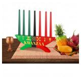 BrightRow 12 Pcs Kwanzaa Kinara Set Include 3 Red 3 Green 1 Black Candles Double Sided Wooden Candle Holder Wine Glasses Basket Kente Cloth Bamboo Table Mat for Kwanzaa Celebration Decoration