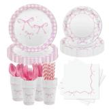 MEHOFOND 216 Pcs Coquette Disposable Paper Dinnerware Set, Pink Bow Party Tableware Decor, Paper Plates Napkins, Women Bridal Shower Bachelorette Engagement, Girls Birthday Party Decor, Serves 24