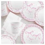 MEHOFOND 216 Pcs Coquette Disposable Paper Dinnerware Set, Pink Bow Party Tableware Decor, Paper Plates Napkins, Women Bridal Shower Bachelorette Engagement, Girls Birthday Party Decor, Serves 24