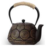Japanese Tetsubin Cast Iron Teapot, 40oz (1200ml) Enamel-Coated Stovetop Kettle with Stainless Steel Infuser & Heat-Resistant Handle, Traditional Iron Pot for Tea Ceremony (Black Gold)