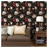 Dark Vintage Floral Wallpaper Peel and Stick, Black/White/Red Retro Rose Flowers Contact Paper, 17.5\" x 118\" Wall Paper Self Adhesive Waterproof Removable for Room Shelves Cabinet Drawer Table Decor