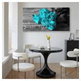 SZDHHH Teal Rose Wall Art for Couples Master Bedroom Decor Framed Flower Canvas Print Black and White Vintage Romantic Sweet life Floral for Living Room Bathroom Decoration Artwork 29x58inch
