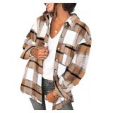 SHEWIN Womens Long Sleeve Plaid Shirts Flannel Lapel Button Down Shacket Jacket Coats 2XL