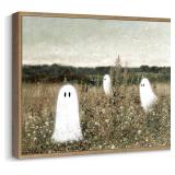 Pinetree Art Funny Framed Easter Canvas Wall Art for Living Room, Cute Ghosts at Wildflower Meadow Painting Prints- Vintage Spooky Wall Art for Bedroom Home Decor (12" x 16", K)