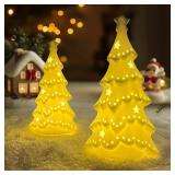 2 PCS White Ceramic Christmas Tree with Lights Ceramic Christmas Trees That Light Up for Tabletop Decor, Frosted Xmas Tree Set Elegant Christmas Tree for Home, Gift & Winter Village (7.68