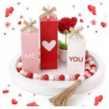 RattanView 6 Pcs Valentines Decorative Tray Red Pink Wooden Block Signs Heart Table Decor Wood Beads Garland Crochet Flowers Red Roses Mini Potted Round Rustic Wooden Tray for Proposal Wedding Party