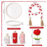 RattanView 6 Pcs Valentines Decorative Tray Red Pink Wooden Block Signs Heart Table Decor Wood Beads Garland Crochet Flowers Red Roses Mini Potted Round Rustic Wooden Tray for Proposal Wedding Party