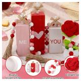 RattanView 6 Pcs Valentines Decorative Tray Red Pink Wooden Block Signs Heart Table Decor Wood Beads Garland Crochet Flowers Red Roses Mini Potted Round Rustic Wooden Tray for Proposal Wedding Party