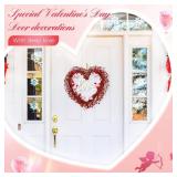 Valentines Day Wreaths for Front Door,14 Inches Artificial Red Pink Berries Valentine Heart Shaped Wreath Decor with Love Wooden Sign,Valentine Heart Wreath for Window Home Indoor,Outdoor