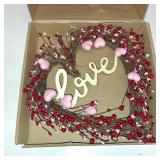 Valentines Day Wreaths for Front Door,14 Inches Artificial Red Pink Berries Valentine Heart Shaped Wreath Decor with Love Wooden Sign,Valentine Heart Wreath for Window Home Indoor,Outdoor