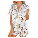 MYHALF Halloween Pajamas 2 Piece Short Set Women Ghost Pumpkin Print Button Down Shirt and Pajama Shorts Sleepwear Pjs SIZE XL