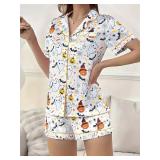 MYHALF Halloween Pajamas 2 Piece Short Set Women Ghost Pumpkin Print Button Down Shirt and Pajama Shorts Sleepwear Pjs SIZE XL