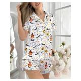 MYHALF Halloween Pajamas 2 Piece Short Set Women Ghost Pumpkin Print Button Down Shirt and Pajama Shorts Sleepwear Pjs SIZE XL