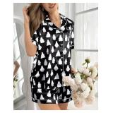 MYHALF Halloween Pajamas 2 Piece Short Set Women Ghost Pumpkin Print Button Down Shirt and Pajama Shorts Sleepwear Pjs Stock photo approximate SIZE S