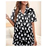 MYHALF Halloween Pajamas 2 Piece Short Set Women Ghost Pumpkin Print Button Down Shirt and Pajama Shorts Sleepwear Pjs Stock photo approximate SIZE S