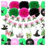 CAVETEE Pink and Green Party Decorations Set Witch and Princess Happy Birthday Balloons, Pom Poms, Happy Birthday Banner, Hanging Swirls for Birthday Party
