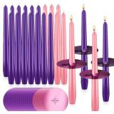 Patelai 40 Pack 10 Inch Christmas Advent Candles Set Include 20 Taper Candles 20 Drip Protectors Unscented Candlestick Purple Pink Taper Advent Candle for Church Xmas Decor Celebrations Wicca Shabbat