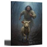 Jesus Protecting Lamb Christian Wall Art Framed Canvas Print Religious Decor for Home Living Room Bedroom Faith-Based Inspirational Gift 12x16 inch