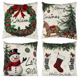 4Pcs Merry Christmas Throw Pillow Covers,18x18 Inch Christmas Wreath Horse Snowman Decorative Pillow Case,Winter Square Holiday Cushion Cover for Room Sofa Patio Bedroom Decor