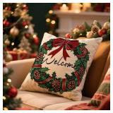 4Pcs Merry Christmas Throw Pillow Covers,18x18 Inch Christmas Wreath Horse Snowman Decorative Pillow Case,Winter Square Holiday Cushion Cover for Room Sofa Patio Bedroom Decor