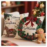4Pcs Merry Christmas Throw Pillow Covers,18x18 Inch Christmas Wreath Horse Snowman Decorative Pillow Case,Winter Square Holiday Cushion Cover for Room Sofa Patio Bedroom Decor