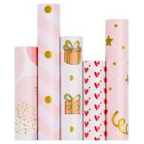 WRAP STORM Premium Pink Girly Gift Wrapping Paper Set of 5 Mini Rolls (17" x 120") - Cute & Girly Wrap for Women, Girls, and Wife, Perfect for Princess Party and Happy Birthday