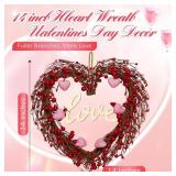 Valentines Day Wreaths for Front Door,14 Inches Artificial Red Pink Berries Valentine Heart Shaped Wreath Decor with Love Wooden Sign,Valentine Heart Wreath for Window Home Indoor,Outdoor
