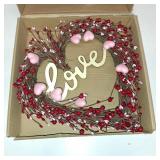 Valentines Day Wreaths for Front Door,14 Inches Artificial Red Pink Berries Valentine Heart Shaped Wreath Decor with Love Wooden Sign,Valentine Heart Wreath for Window Home Indoor,Outdoor