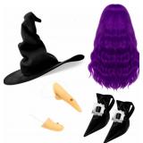 Halloween Witch Cosplay Party Costume Accessories Set Witch Hat Hair Wig Shoe Covers Nose Chin for Adult