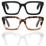 MMOWW Oversized Reading Glasses for Women 3 Pairs Oprah Style Blue Light Blocking Computer Readers +1.0
