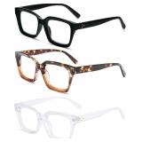 MMOWW Oversized Reading Glasses for Women 3 Pairs Oprah Style Blue Light Blocking Computer Readers +1.0