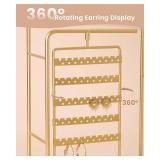 Lolalet Jewelry Organizer Stand, No Assembly Needed Display Storage with Rotating Earring Holder for Necklace Bracelet Rings, Galentines Valentines Gifts Room Dorm Decor for Women Girls -Gold